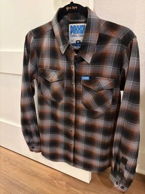 DIXXON Brown, Black & Gray Plaid Women’s Button-Down Shirt